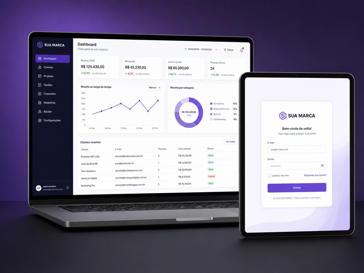 Notebook exibindo o dashboard de um sistema personalizado e tablet com a tela de login da sua marca