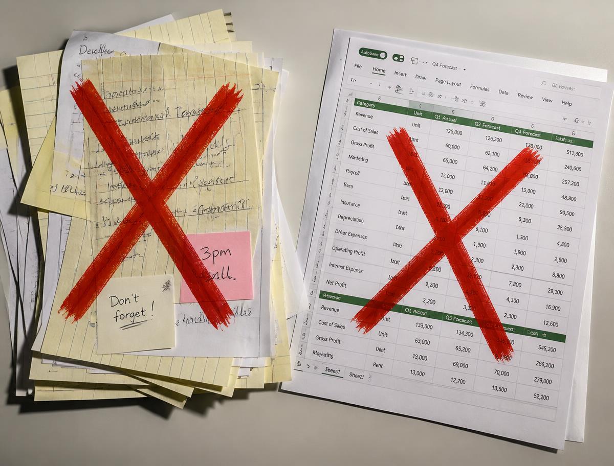 Pilha de anotações em papel e planilha de Excel marcadas com um X vermelho